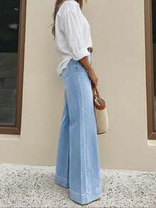 Women's Casual Wide Leg Jeans, Elegant & Fashionable Long Style With Pockets, Medium Stretch Washed Fabric