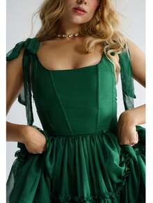 Tulle Prom Dresses Ruffled Trim Tie Back Sleeveless Long Formal Evening Dresses For Women A-Line Open Back Cocktail Ball Gown - Màu ngọc lam - Xem 4