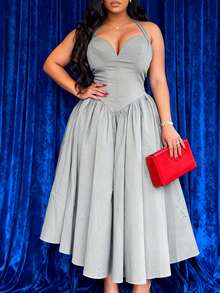 大码女装新款高端露背无袖连衣裙，飘逸垂坠，简约优雅，收腰设计，适合派对、晚宴及所有夏季季节穿着 - 灰色 - 查看 3