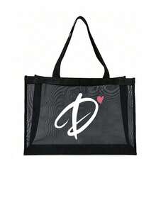 Pink Heart Shaped Alphabet Letter Print Mesh Tote Bag, Alphabet Beach Bag, Foldable Handbag, Women's Mesh Tote Bag, Shoulder Bag, Suitable For Beach, Vacation And Shopping, Large Capacity Handbag, Gift For Family And Friends, Unisex, Suitable For Couples, Daily Use, Dating, Birthday, Holiday, Back To School, Vacation, Travel, Commuting, Business, Students, Picnic, Camping, Supermarket, Daily Storage, Holiday Gift (Black) - Multicolor - View 22