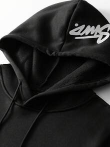 Men's Casual Fashionable Street Hoodie With Letter Print, Kangaroo Pocket, Drawstring, Thermal Lined, Autumn/Winter