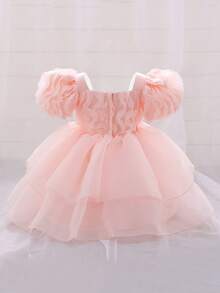 歐根紗和緞面面料嬰兒連衣裙，泡泡袖搭配芭蕾舞裙，優雅甜美，適合戶外活動和聚會 - 淺粉色 - 查看 4