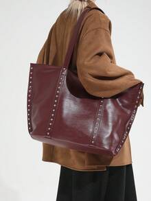 1个时尚女士单肩包，大容量多功能女士手提包，铆钉装饰，纯色，适合日常使用，可用于购物、通勤、工作、大学等场合。 - 酒紅色 - 查看 6