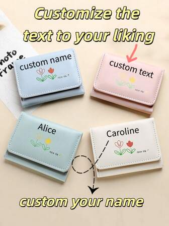 Customizable Tulip Pattern Coin Purse With Text/Name, Compact Tri-Fold Women's Card Holder Wallet 2-In-1, Suitable As Gift For Friends And Children