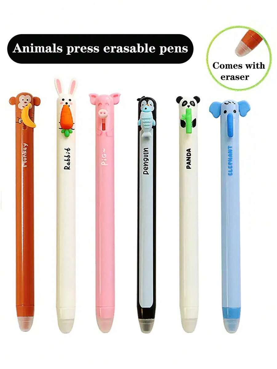 6pcs Animal Shaped Erasable Gel Pen Set, Various Styles, Cute Rabbit, Elephant, Panda Elements, Press-Out Refill Design, Smooth Writing, Built-In Eraser, Suitable As Holiday Gift For Friends, Classmates, Family - Sets - View 1