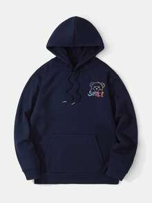 Zrgoth 男士连帽衫，新款秋冬街头风小熊及英文标语印花宽松袋鼠口袋套头卫衣 - 藏蓝色 - 查看 6