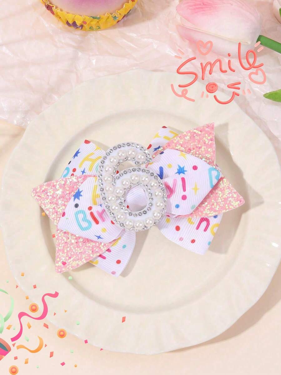 1个闪亮生日派对发夹，适合女孩，幸运数字珍珠蝴蝶结发卡，适合生日派对和日常上学佩戴，送给女儿的生日礼物，女孩可爱发夹配饰 - 彩色 - 查看 1
