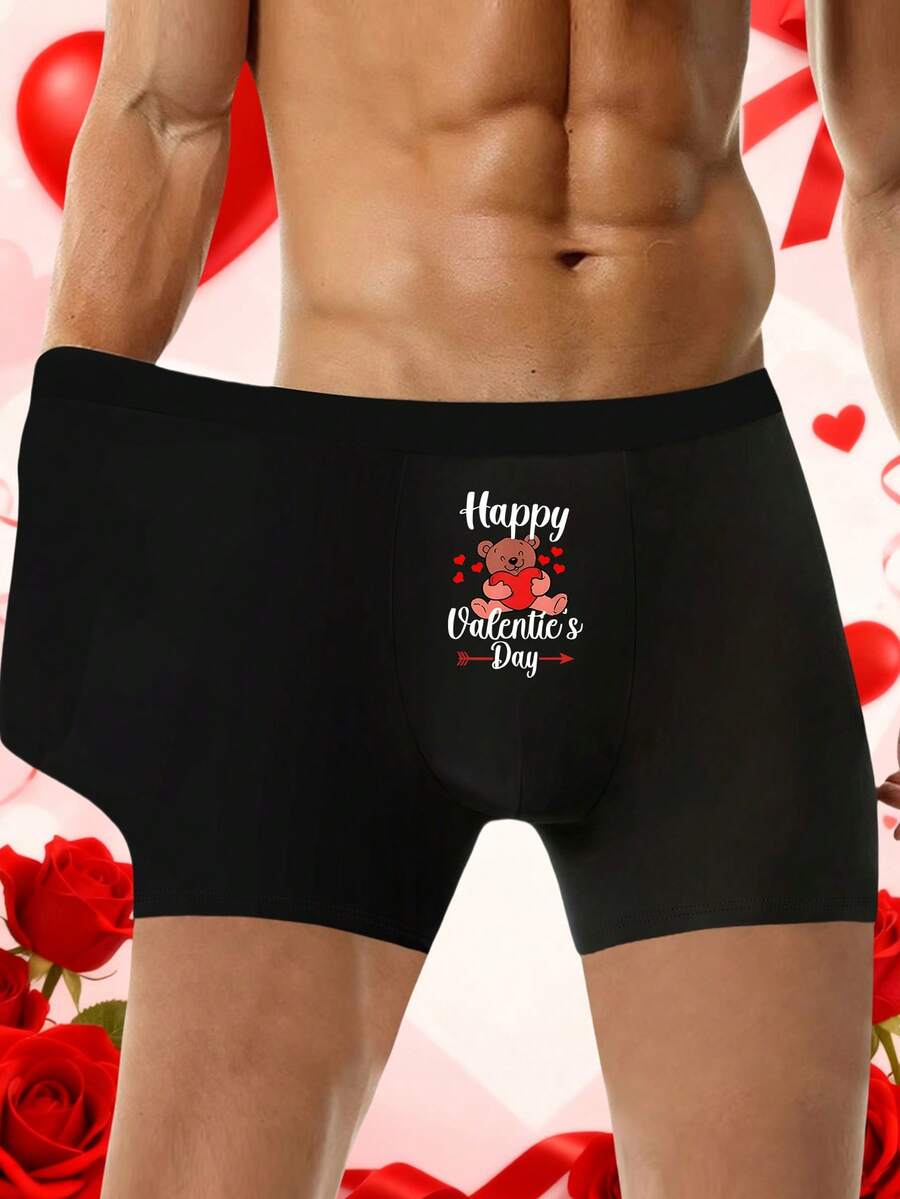 Valentine's Day Men's Black Boxer Briefs With Letter & Bear Print, Elastic Comfortable Holiday Underwear - Black - View 1