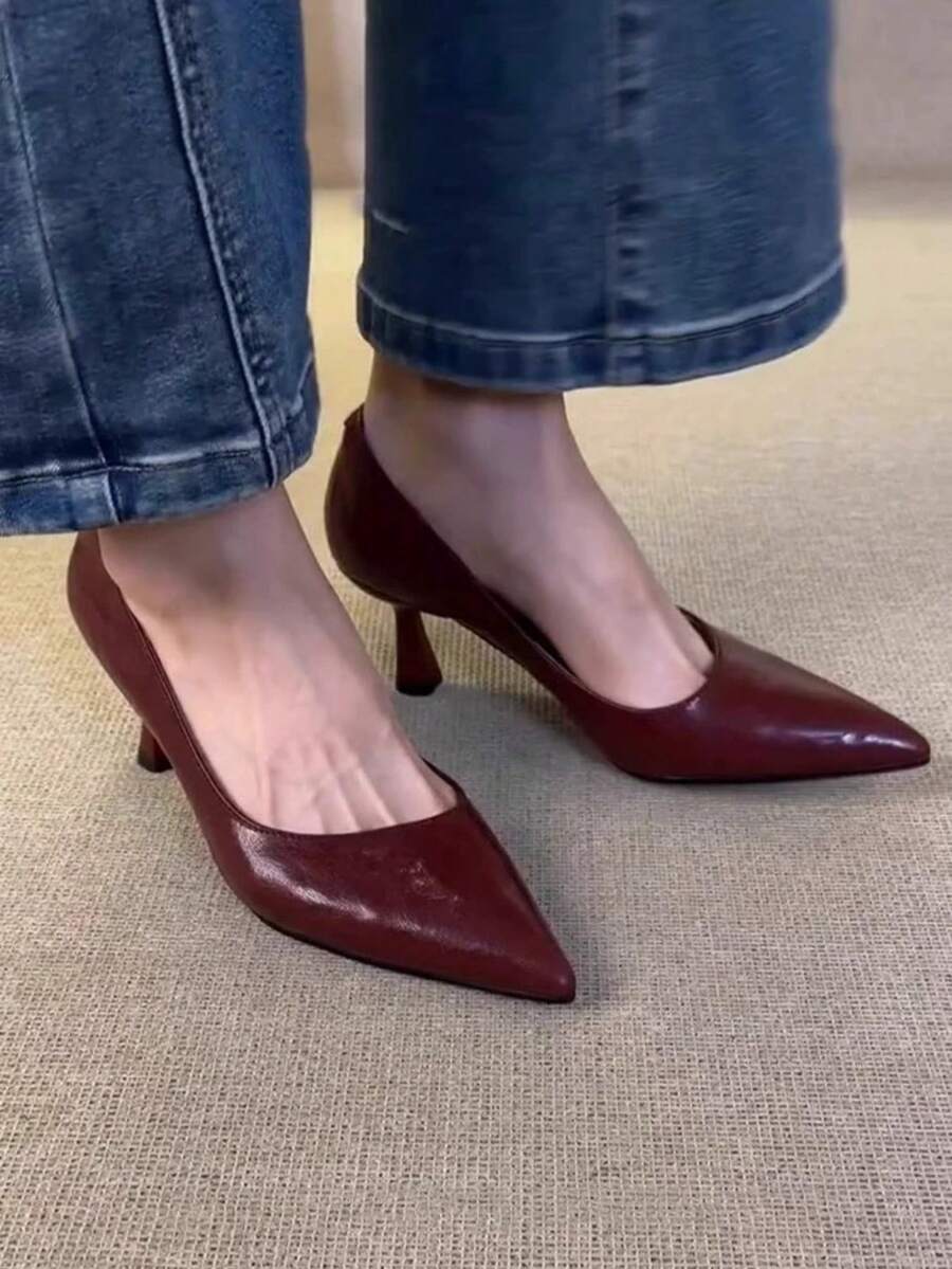 Minimalist French Retro High Heel Shoes, Women's Pointed Toe Slim Heel Mid-Heel Pumps, Professional & Commuting, Spring/Autumn - Burgundy - View 1