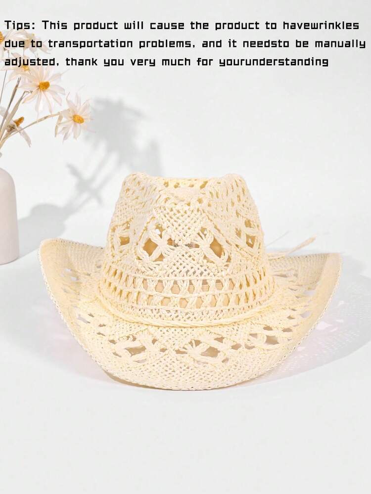 1 pieza Sombrero de paja de Panamá hueco de unicolor bohemio, sombrero de sol decorativo de protección UV casual, versátil y de moda, adecuado para actividades al aire libre, todas las estaciones - sombrero de paja panamá - Añade 25