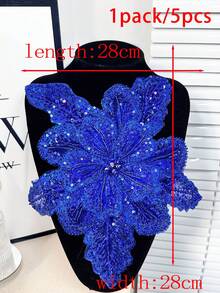 全新3D多层电脑刺绣水晶钻珠中心花配尖叶手工胸针服装装饰配件材料，长度：29厘米，宽度：28厘米 - 寶藍色 - 查看 17