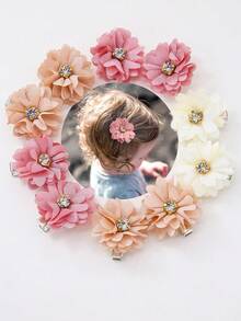 Set de 10 pinzas para el cabello con flores de tela y cristales de colores para niñas, lindas y elegantes, de color aleatorio, aptas para uso diario - Multicolor - Ver 3