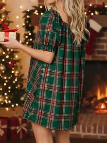 Women Plaid Summer Dress Loose Bow Square Neck Puff Sleeve Short Dress For Daily Travel - 綠色 - 查看 6