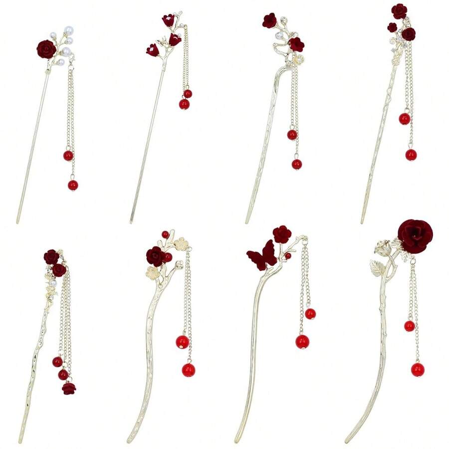 Retro Vintage Asian Chinese Traditional Hanfu Silver Metal Flower Hair Sticks With Pearl Bead Pendants Bamboo Lotus Long Hair Chopsticks Forks Bun Updo Holders Hairpins - 8 CÁI S5 - Xem 1