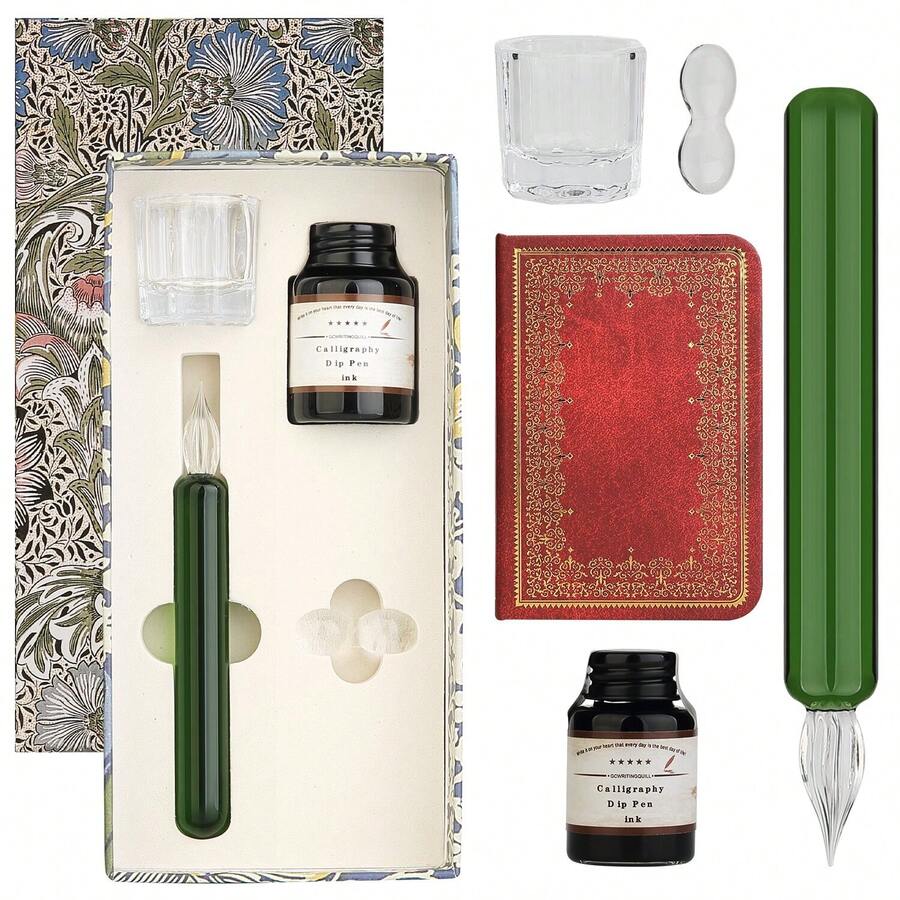 Glass Dipped Crystal Calligraphy Pen Set With 1 Colorful India Ink, 1 Pen Holder, 1 Cleaning Cup, 1 Mini Notebook,Ink Drip Tool, Signatures, Drawing, Decoration Kits For Beginners