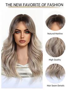 22-Inch Long Wavy Wig With Bangs, Dark Roots, Brown Wig, Brown-To-Gold Gradient Wig, Heat-Resistant Synthetic Wig, Suitable For Everyday Wear, Parties, And Cosplay. - Brown Ombre - View 8