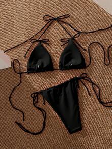 PEPPERMOLLY Nouveau ensemble de bikini avec attache dans le dos et bonnets souples de couleur unie, maillot de bain sexy pour femmes pour l'été et la plage - noir 1 - Voir 3