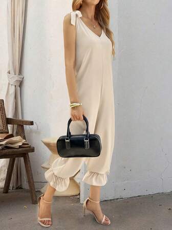 女士休闲纯色打结吊带背心哈伦裤，适合约会和度假