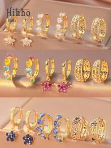 Hihho Set de 6 piezas de aretes con diseño hueco tallado y con incrustaciones de circonita en estilo vintage y colorido, un conjunto de aretes con flores en forma de corazón, un regalo de moda para mujeres para uso diario, viajes y fiestas - Amarillo Oro - Ver 1