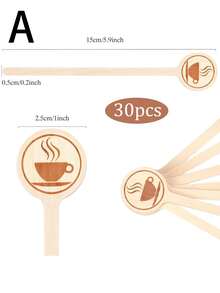 30支装圆形木质饮料搅拌棒 - 带图案，高品质咖啡店级饮料搅拌棒，木质咖啡搅拌棒，适用于咖啡饮品、牛奶食品搅拌、生日派对装饰、下午茶餐具配件、派对餐桌装饰，可清洗并重复使用