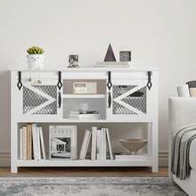 Barn-Style Sliding Door Entryway Table - Rustic Industrial, 46 Inches With Storage, Open Shelf And 2 Cabinets | Sofa, Hallway, Console - White - View 4