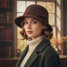 Womens Cloche Hats Stylish Solid Color Decorative Bow Bucket Hat Round Top Short Brim Church Cap - 咖啡色 - 查看 1
