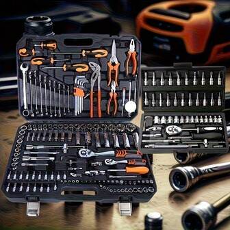 46/53 delar multifunktionellt bärbart bilreparationsverktygssats, allt-i-ett-lösning, kombination av manuella verktyg, skiftnycklar, lämplig för gör-det-själv-entusiaster och mekaniker, lämplig för reparation och underhåll av fordon, motorcykel, cykel, maskiner, inkluderar hylsnycklar, spärrnyckel, cykelreparationsverktyg, motorcykelunderhåll, kompakt verktygssats, hållbara verktyg, bilverktygsväska, bilmekaniker