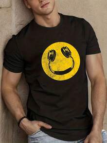 Camiseta para Hombre con Estampado Retro de Moda, Diseño Divertido de Auriculares con Cara Sonriente, Estilo Música de los 90 |   Casual y cómodo para el verano, cuello redondo, manga corta, regalo de cumpleaños para hombres. - Negro - Ver 1