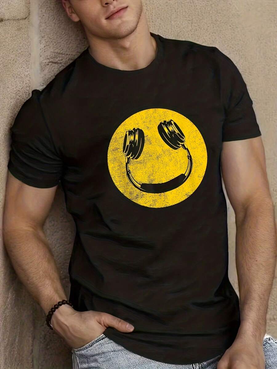Camiseta para Hombre con Estampado Retro de Moda, Diseño Divertido de Auriculares con Cara Sonriente, Estilo Música de los 90 | Casual y cómodo para el verano, cuello redondo, manga corta, regalo de cumpleaños para hombres. - Negro - Ver 1