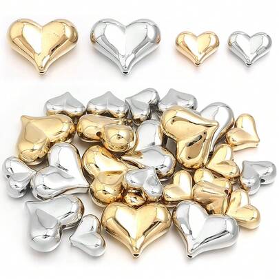 20/30pcs CCB Heart-Shaped Beads, Classic Gold/Silver Color, For Necklace, Jewelry, Craft Making, Phone Charm, Keychain, Pendant, Decoration Accessories