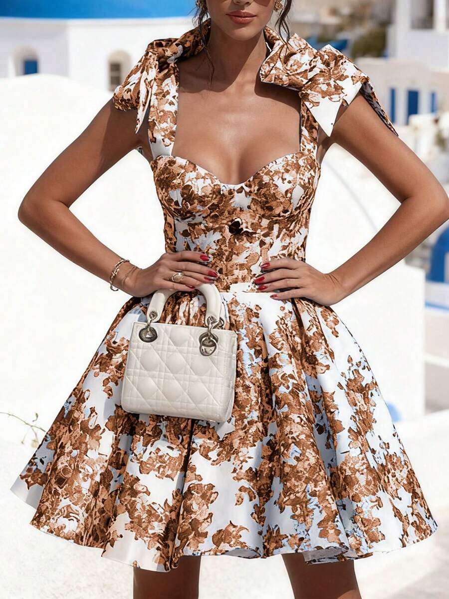 Marisole 女款印花綁腰修身 A 字迷你洋裝，復古優雅休閒度假家庭聚會穿搭，適合春夏秋