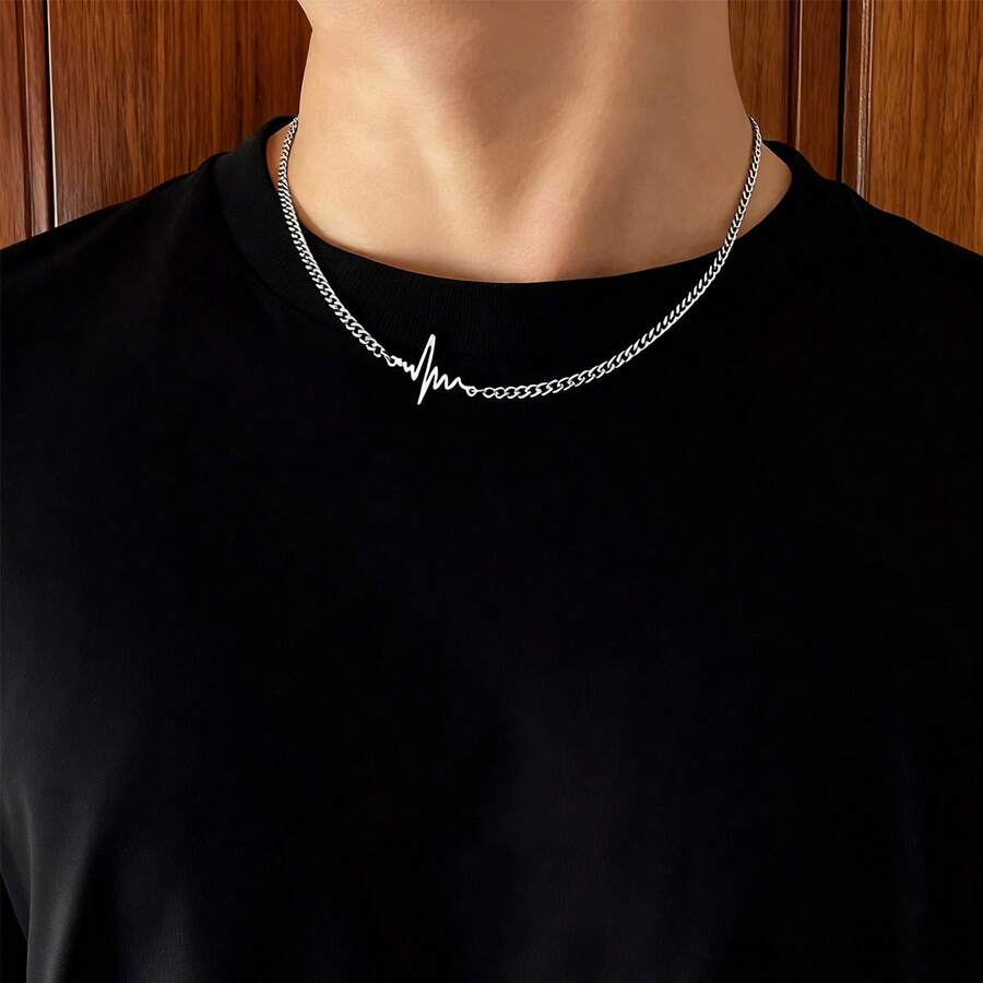 MONALLY Collar de acero inoxidable con diseño de electrocardiograma y latido del corazón para hombres, accesorio personalizado de estilo punk hip-hop, moda minimalista de uso diario - collar - Ver 1