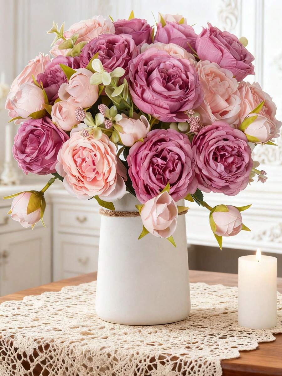 1/80 Bunch 11.22" Artificial Peony Bouquet, Paired With French Vintage Roses, Chrysanthemums, And Daisies, Suitable For Spring Decor, Birthday Party, Gathering, Wedding Bouquet, Home Decor, Restaurant, Bedroom, Windowsill, Vase Decor, Valentine's Day, New Year Decor, Outdoor Garden, Rama Decor, Valentine's Gift - Rose Pink - View 1