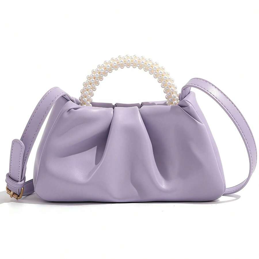 Elegant Pearl Clutch Purse Women Evening Bag Soft Leather Ruched Crossbody Handbag Bridal Wedding Party Formal Event Luxury Gift Accessory - 紫色 - 查看 1