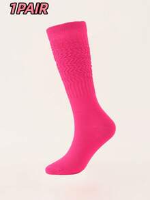 1双女士长筒袜，过膝袜，及小腿袜，纯色小腿袜，堆堆袜，简约百搭，四季皆宜，日常穿着舒适保暖。 - 玫紅色 - 查看 6