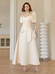 Amyenjoylife Modern Filipiniana Attire Dress Elegant,Butterfly Sleeves Filipiniana,Ladies' Temperament,Standing Sleeves,Irregular Stitching,Elegant And Fashionable Dress Filipiniana Modern Dress Dress For Party Outfit,Champagne Dress