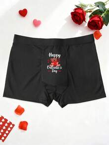 Valentine's Day Men's Black Boxer Briefs With Letter & Bear Print, Elastic Comfortable Holiday Underwear - Black - View 3