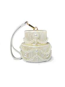 1个白色时尚亚克力蛋糕造型女士晚宴包，配有可拆卸PU腕带和可调节珍珠肩带，适合婚礼、派对、度假等场合，可作礼物。可作手拿包、斜挎包、单肩包使用。 - 白色 - 查看 2