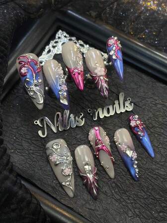 10pcs Slim High-Heeled Korean Style Gold 3D Decorative Chrome Purple&Blue Cat Eyes Y2K Full Coverage Fake Nail Set To Express Your Love, European Style Punk Cool Girl Blue Cat Eyes, Purple French Style With Rhinestone Steel Ball Design Bohemian Princess Style Decorative Music Festival Nordic Full Coverage Patch Nail Set, Suitable For Boys And Girls, Comes With 1 Mini Nail File And 1 Double-Sided Adhesive Label.