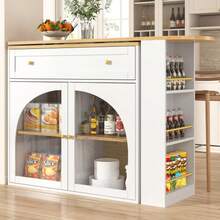 Ausziehbarer Bartisch mit Stauraum (138-204*39*104cm), 360° drehbare Essbar,Moderner Beweglicher Bar Table,Hochtisch Kücheninsel Bistro Table, Sideboardschrank mit Regalen und Glas,Schwarz - Branco - Ver 4