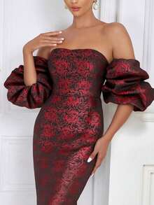 Christmas Elegant Red Rose Jacquard Strapless Dress, Suitable For Valentine's Day, Christmas Party