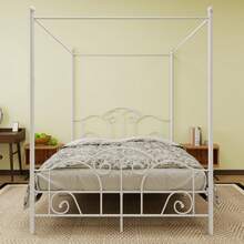 Metal  Four-Poster Canopy Bed Frame With Headboard And Footboard Sturdy Slatted Structure No Box Spring Needed - 白色 - 查看 1