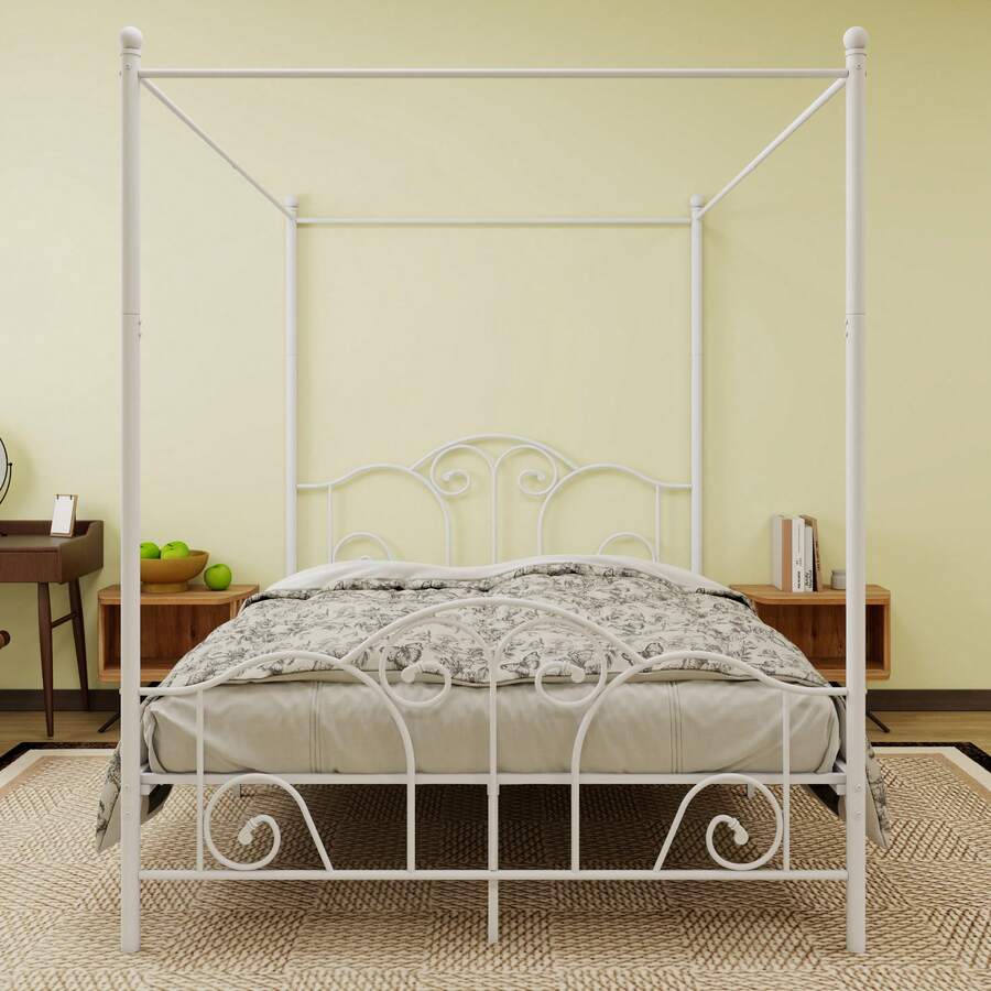 Metal  Four-Poster Canopy Bed Frame With Headboard And Footboard Sturdy Slatted Structure No Box Spring Needed - 白色 - 查看 1