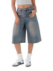 Valentine's Day Women Jean Jorts Baggy Loose Fit Jean Shorts 2026 Summer Wide Leg Long Denim Shorts Y2K Clothes - 中等水洗藍 - 查看 5