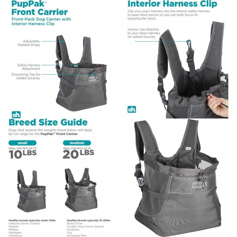 PZW Outward Hound PupPak - Transportador Frontal Para Perro Mediano Gris Mochila Para Mascotas Pequeñas De Hasta 20 Libras Correas Acolchadas Malla Transpirable Resistente Al Agua Clip De Seguridad1510 - Địu em bé phía trước màu xám trung bình - Xem 1