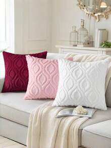 1 PC Pink Geometric Textured Pillow Cover, Minimalist Style Plush Square Cushion Cover With Fluffy Detail - Ideal For Winter, Living Room, Office & Car Decor, Daily Use - Pink - View 5