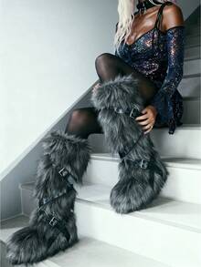 Women's Winter Furry Snow Boots Fuzzy Fluffy Round Toe Suede Booties Flat Heel Slip On Outdoor Indoor Shoes Fashion Warm Fluffy Shoes - 綁帶灰色 - 查看 4