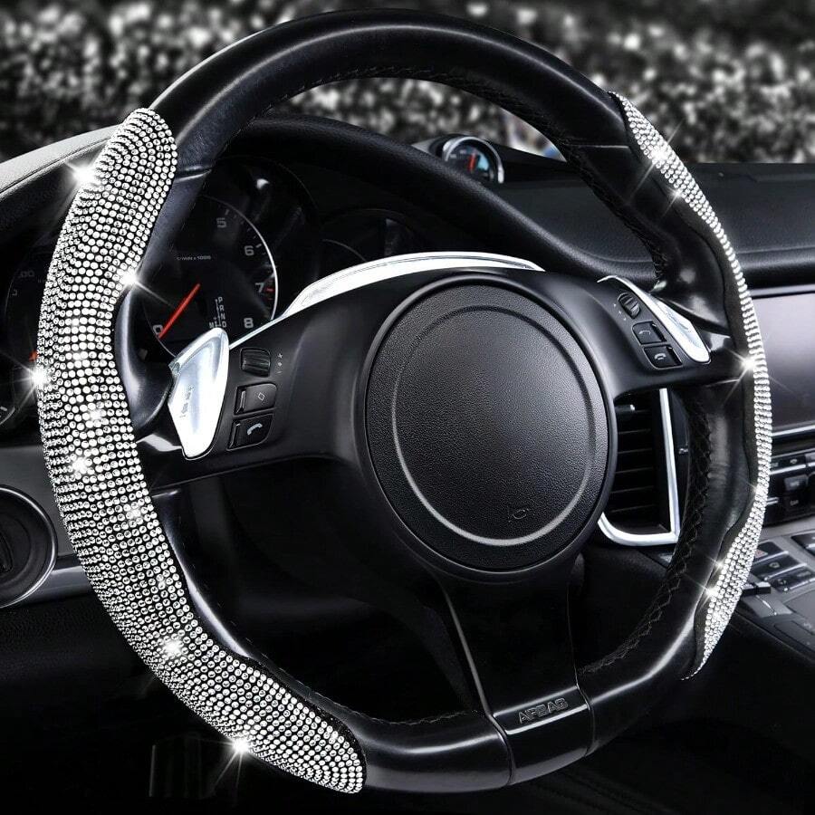 CAR PASS 2PCS Bling Diamond Segmented Steering Wheel Cover With Crystal Rhinestones Wheel Protector Non-Slip Cute Car Accessories Universal Fit D-Shape O-Shape 14.5" To 16" For Women Black Diamond - Kim cương bạc - Xem 1