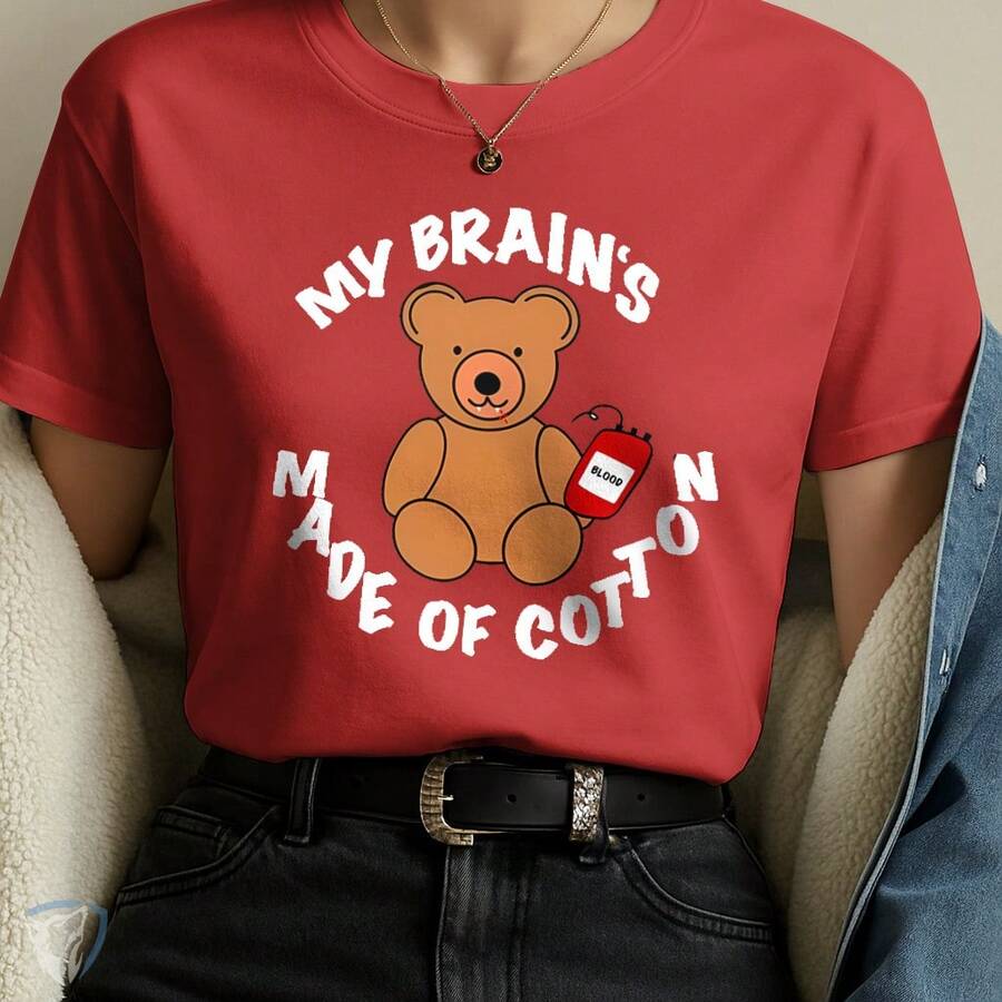 Creative Humor T-Shirt – Teddy Bear With Blood Bag And Funny Phrase - Red - View 1