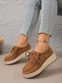 Women's Fashion Casual Shoes, Solid Color Metal Eyelets Lace-Up, Faux Suede Lining, Platform Wedge Sneakers - Brown - View 4